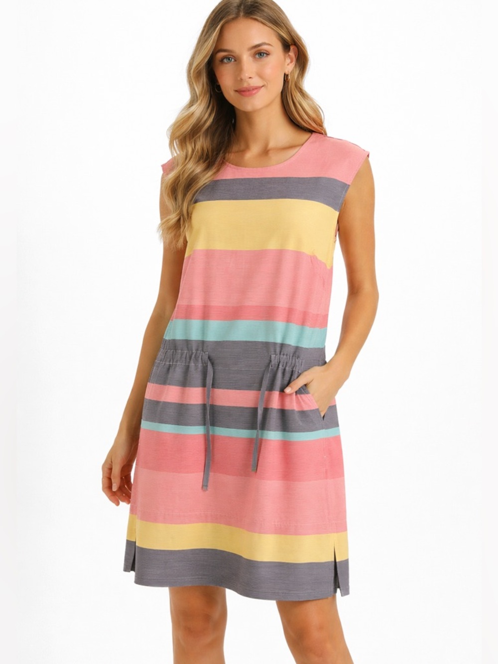 Lacoste Linen Cotton Striped Knit Dress in Coral, Pink & Gray